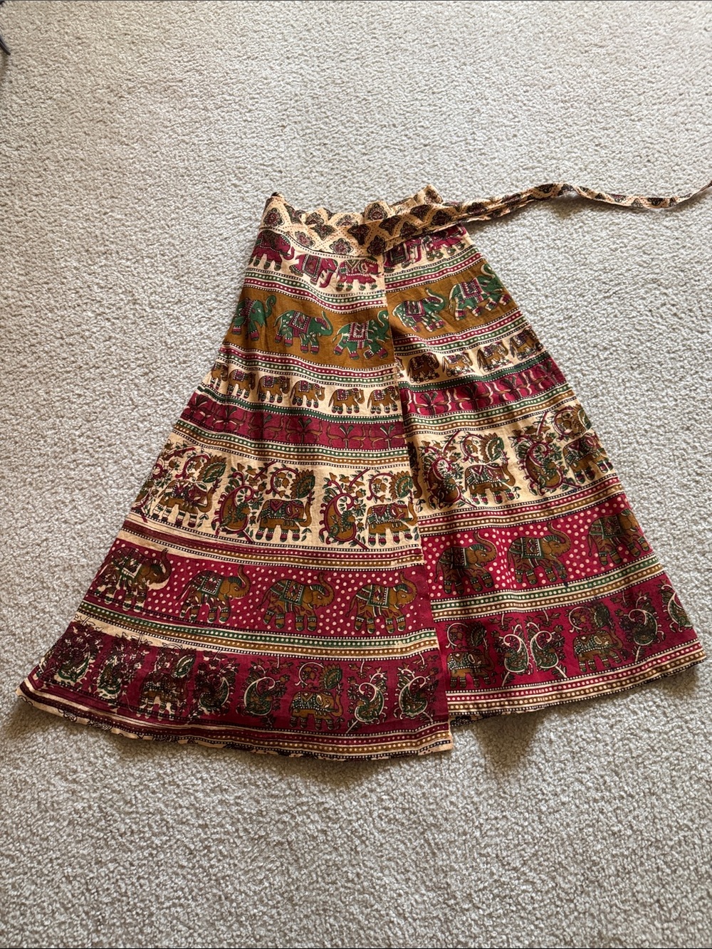 Printed Circle Skirt with Elephant Motif in Red and Cream